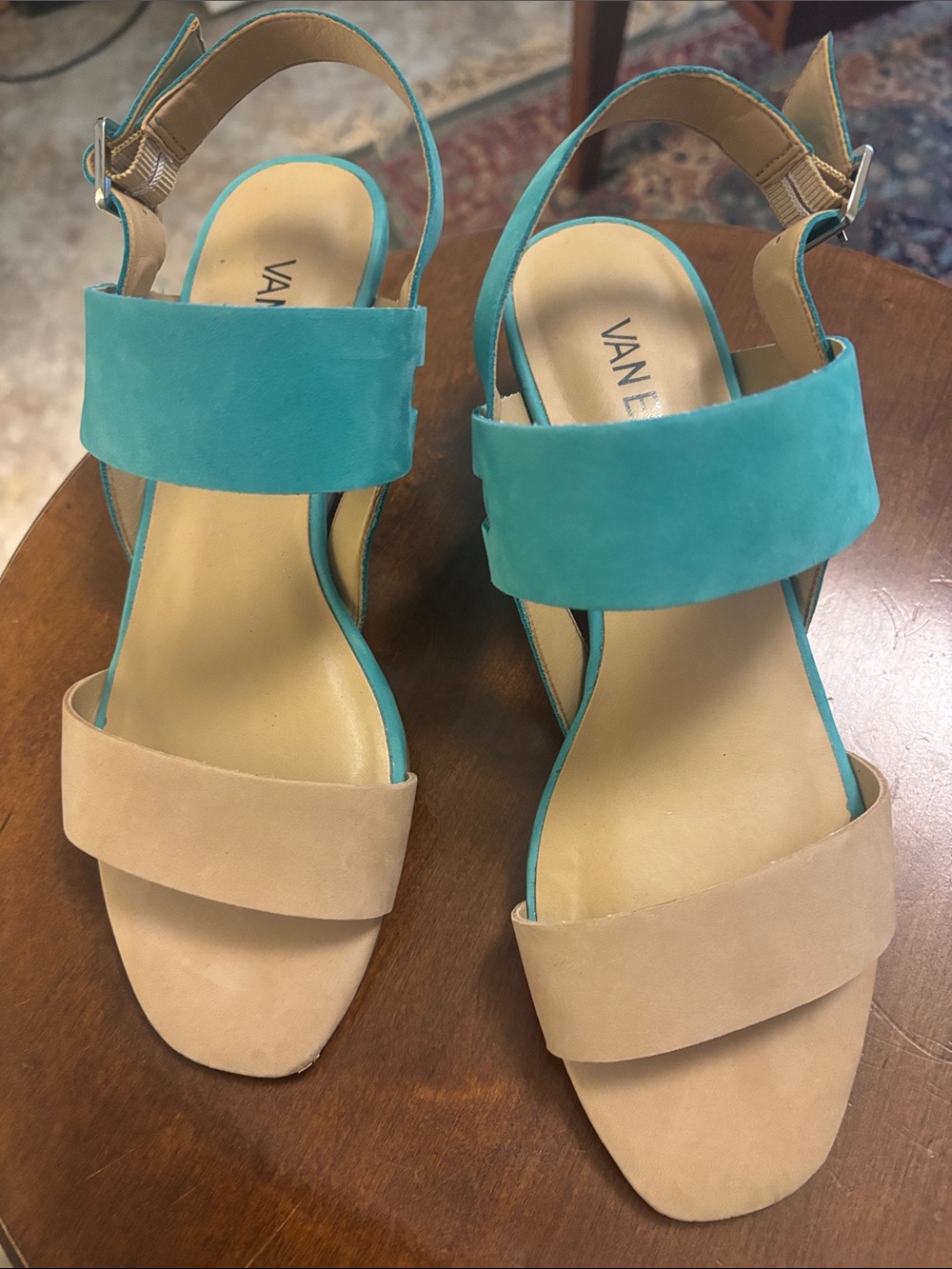 Vaneli Turquoise and Nude Suede Two-Band Slingback Sandals